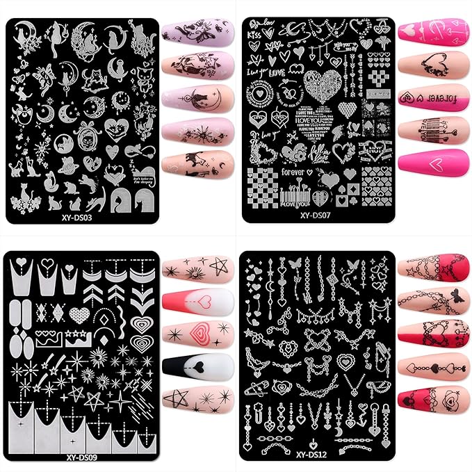Valentine Nail Art Stamping Plate Kit,Love Heart Butterfly Flower Cat Design Stamp Templates,Love Words Stamp Templates Kit,Valentines Romantic Metal Nail Plates for DIY Printing Decor 4Pcs