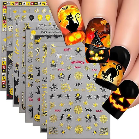 Halloween Nail Art Stickers, Ghost Nail Decals 3D Self-Adhesive Horror Ghost Skull Spider Web Bat Pumpkin Glitter Nail Design 8PCS Halloween Nail Art Supplies for Women Decoration