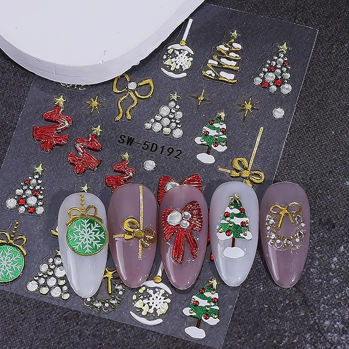 2 Sheets Christmas Nail Stickers for Nail Art Gold Snowflake Ball Nail Art Stickers Embossed Snow Christmas Tree Nail Decals 5D Self-Adhesive New Year Red Bow Xmas Wreath Nail Design Decals for Women