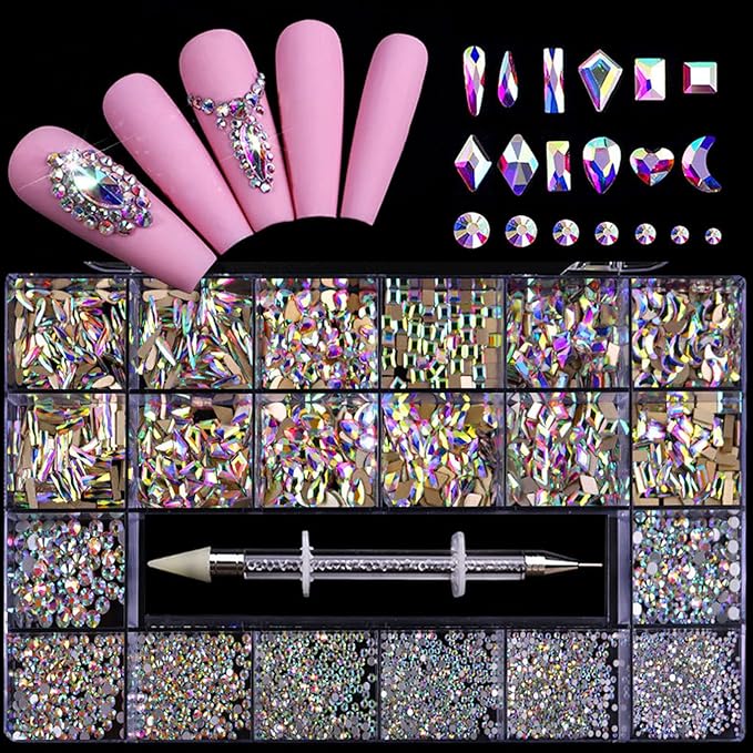 Nail Rhinestones Kit, Nail Art Decorations Flat AB Rhinestones Kit DIY Crafts Gemstones for Nail, Shoes, Clothes, Jewels (600 Iridescent Diamonds + 2500 Flat Rhinestone)