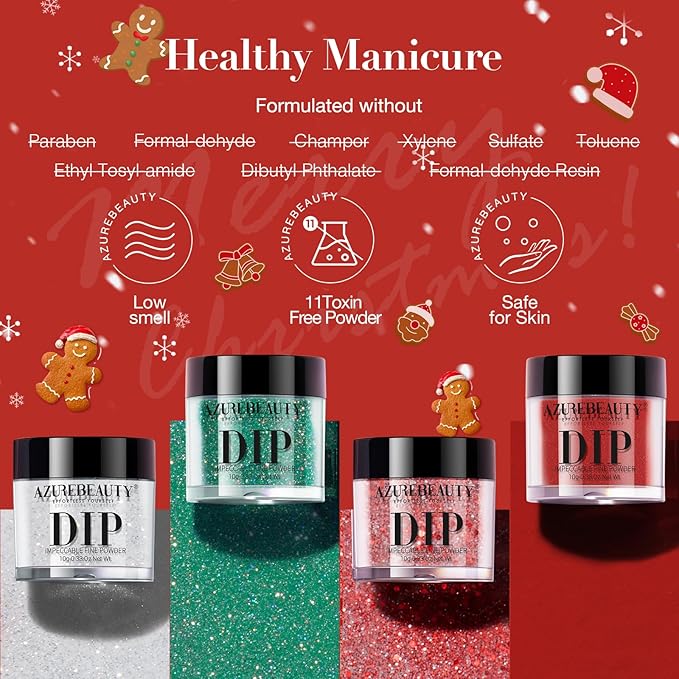 AZUREBEAUTY Christmas Dip Powder Nail Kit Green Red Glitter Silver 12 Pcs Acrylic Dip Powder Liquid Set with Base/Top Coat Activator for French Nail Art Manicure Home Holiday Gifts Set