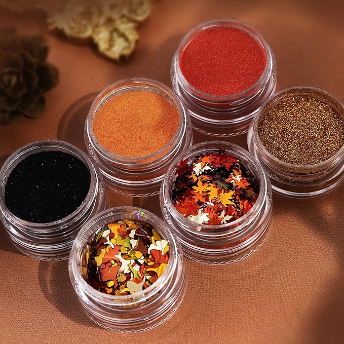 Fall Nail Art Glitter Maple Leaf Nail Sequins Flakes, 4 Colors Manicure fine Glitter Powder, 3D Holographic Ginkgo Biloba Nail Stickers Decals Supplies Nail Charms for Women Girls 6 Box