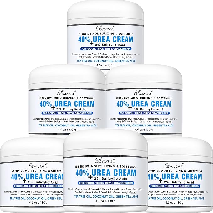 Ebanel Urea Cream 40% plus Salicylic Acid 2%, Foot Cream for Dry Cracked Heels Feet Knees Elbows Hands, Foot Dead Skin Cuticle Callus Remover Toenail Softener, Keratolytic Skin Barrier Repair, 6-Pack
