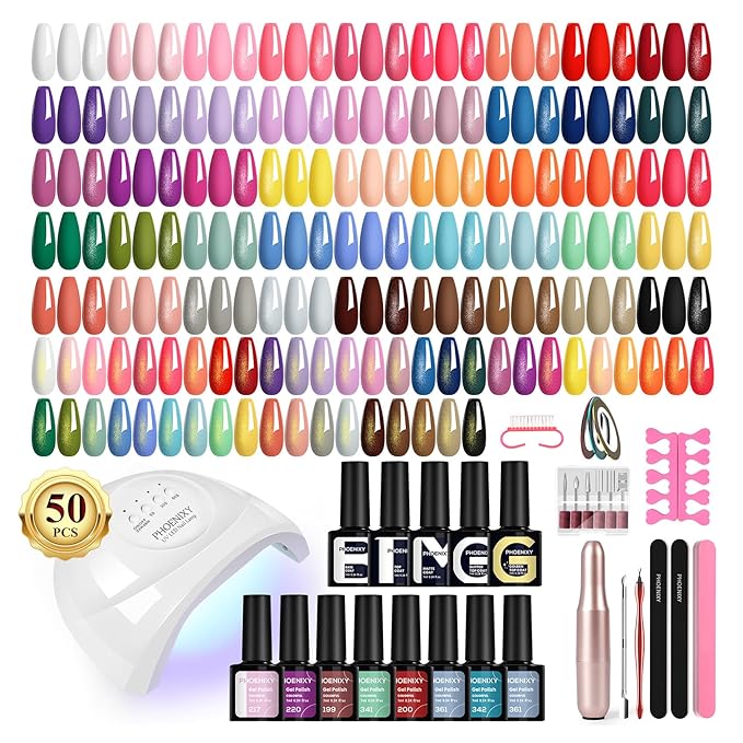 phoenixy 63 Pcs Gel Nail Polish Kit with U V light and Drill, 45 Colors Gel Polish with 5 Pcs Base Top Coat Manicure Starter Nail Polish Set Gifts for Women ST9017
