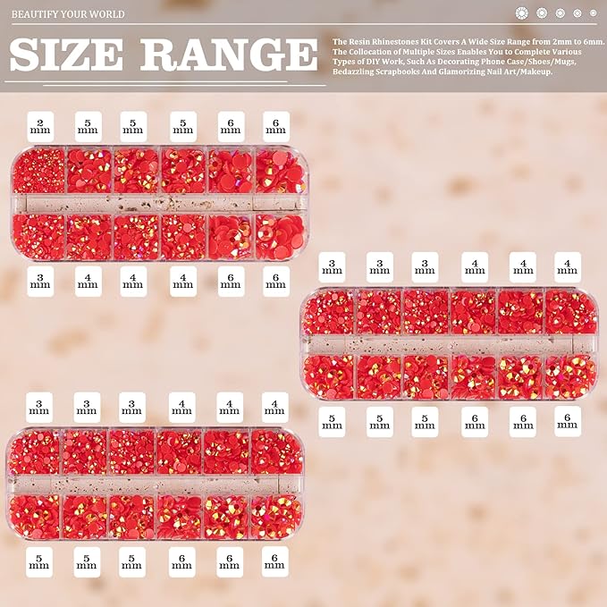 5000PCS Resin Rhinestones with Tweezers for Crafting, 2/3/4/5/6mm Flatback Jelly Rhinestones, 3 Box Red AB Non Hotfix Crystal Gems for DIY Crafts Mugs Tumblers Clothes Makeup Nail