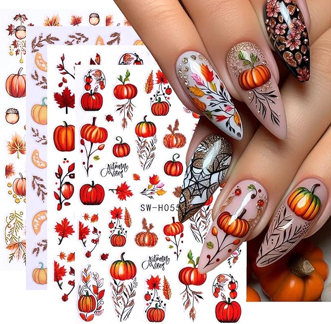Fall Nail Stickers for Nail Art 3D Thanksgiving Pumpkins Autumn Fruit, Maple Leaf, Fallen Leaves Adhesive Nail Stickers for Women Nail Decoration Holiday DIY Cute Pumpkin Manicure Supplies 4 Sheets