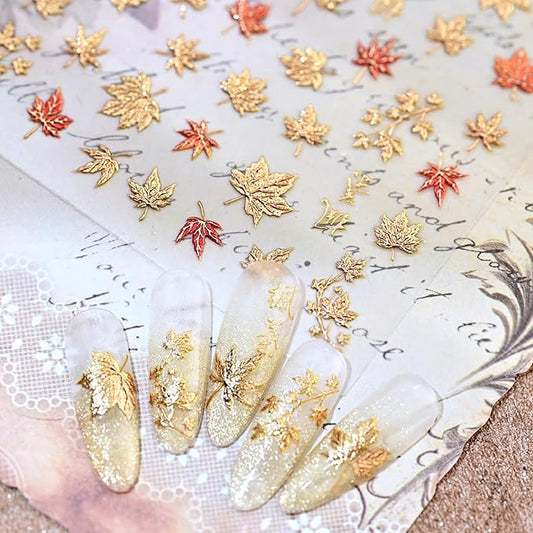2 Sheets 5D Embossed Maple Leaf Nail Stickers for Nail Art Fall Nail Art Stickers Red Gold Embossed Maple Leaves Shiny Fall Nails Art Sticker Thanksgiving Day Gold Maple Leaf Nail Supplies for Women