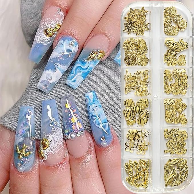 Gold Stars Moon Nail Accessories Golden Metal Shell Seahorse Jellyfish Nail Art Glitter Sequins 3D Golden Flower Nails Supplies Jewelry Studs Nail Decoration Kit Suitable for Women Acrylivc Nail