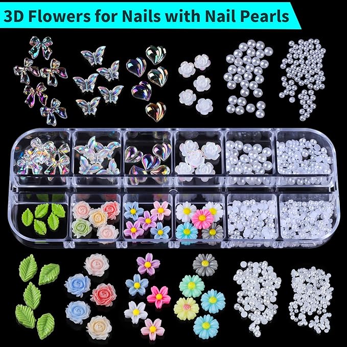 Teenitor Nail Charms and Gems Nail Art Tools, 3 Box 3D Flower Nail Charms for Nails Design Tools, Nail Pearls Nails Supplies, Butterfly Bow Nail Charms Nail Decor 3D Nail Art Kit