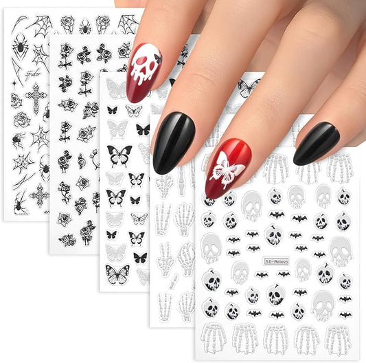 Halloween Nail Decals – 5 Sheets Bratrico 5D Halloween Nail Stickers, Self-Adhesive with Skulls, Bones, Black Butterfly Spiders & Black Roses, Classic Halloween Manicure Set for Women, Girls & Teens