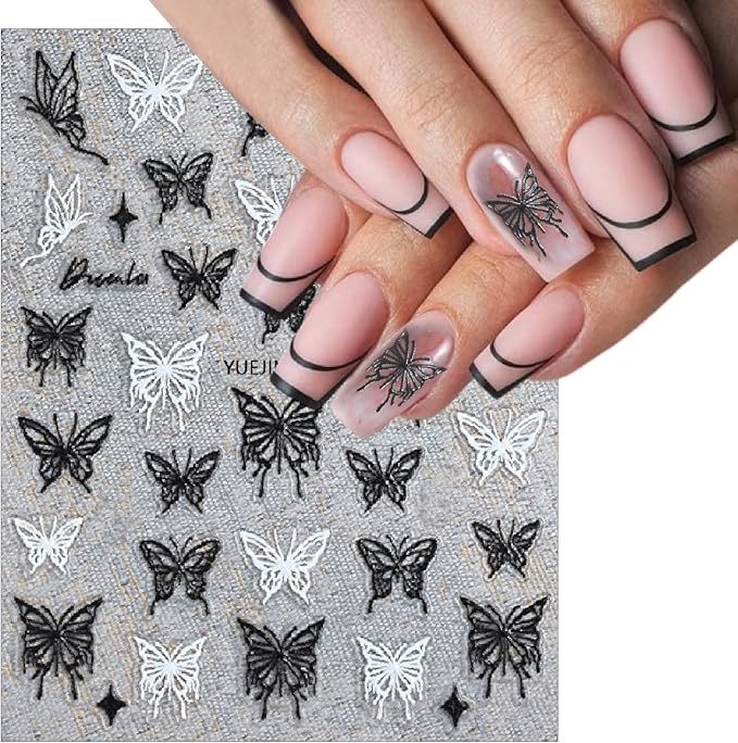 3 Sheets Hollow Butterfly Nail Art Stickers Ribbon Butterfly Nail Decals 5D Embossed Self Adhesive Black White Butterflies Nails Design Stickers for Women Manicure Decoration