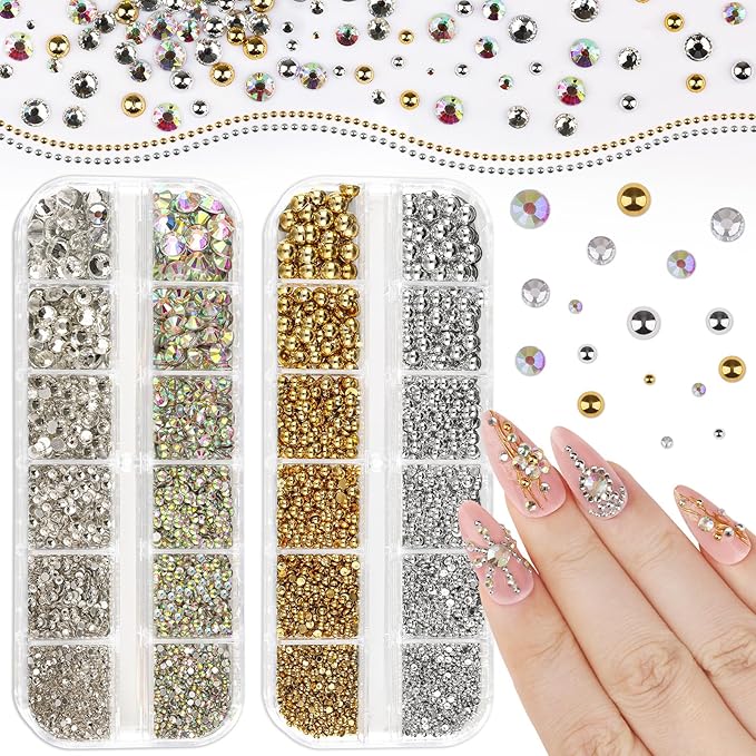 2 Boxes Sparkling Rhinestones and Pearls Kit for Acrylic Nails, 1.5-6mm Flatback Crystal AB Clear Gemstones 1.5-5mm Gold/Silver Nail Pearls for Women DIY Manicure Crafts (11-S2-Glass)
