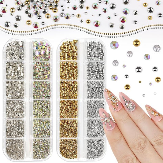 2 Boxes Sparkling Rhinestones and Pearls Kit for Acrylic Nails, 1.5-6mm Flatback Crystal AB Clear Gemstones 1.5-5mm Gold/Silver Nail Pearls for Women DIY Manicure Crafts (11-S2-Glass)