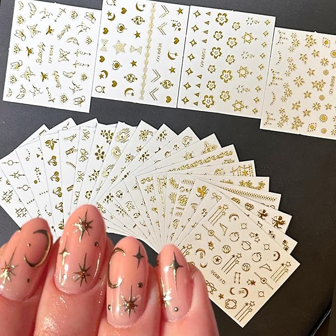 30 Sheets Gold Nail Art Stickers Gold Flower Butterfly Nail Stickers Star Line Self-Adhesive Nail Decals Acrylic Nails DIY Design Nail Supplies for Women and Girls