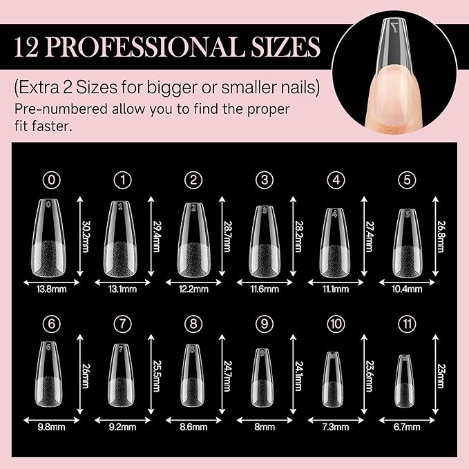 Long Coffin Nails Tips Full Cover Acrylic Nail Tips Pre-buff 240pcs Clear Coffin Fake Press On Nails No C Curve Easily DIY Art Nail Extensions Long-lasting, 12 Sizes Luckyfairy