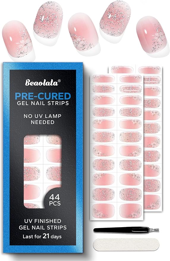 Pre Cured Gel Nail Strips - 44PCS Salon Quality Gel Nail Stickers - Long Lasting Polish Wraps for Women no UV Light Needed Easy Apply& Remove (Sparkle Pink）