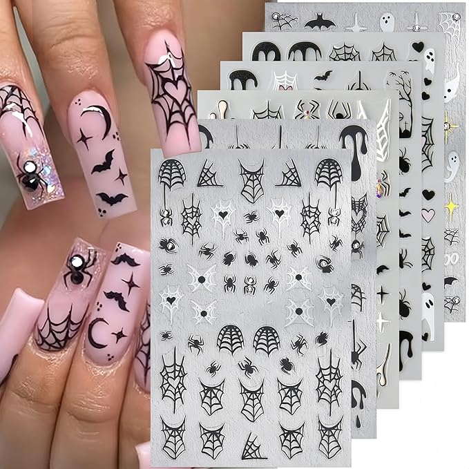 6 Sheets Halloween Nail Art Stickers Spider Nail Decals 3D Self-Adhesive Glitter Crystal Diamond Spider Nail Art Design Sticker Spider Bat Spider Web Ghost Nail Charms for Holiday DIY Nail Art