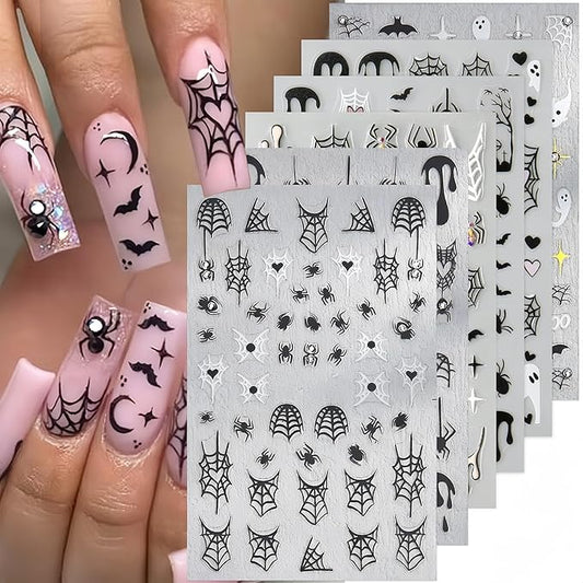 6 Sheets Halloween Nail Art Stickers Spider Nail Decals 3D Self-Adhesive Glitter Crystal Diamond Spider Nail Art Design Sticker Spider Bat Spider Web Ghost Nail Charms for Holiday DIY Nail Art