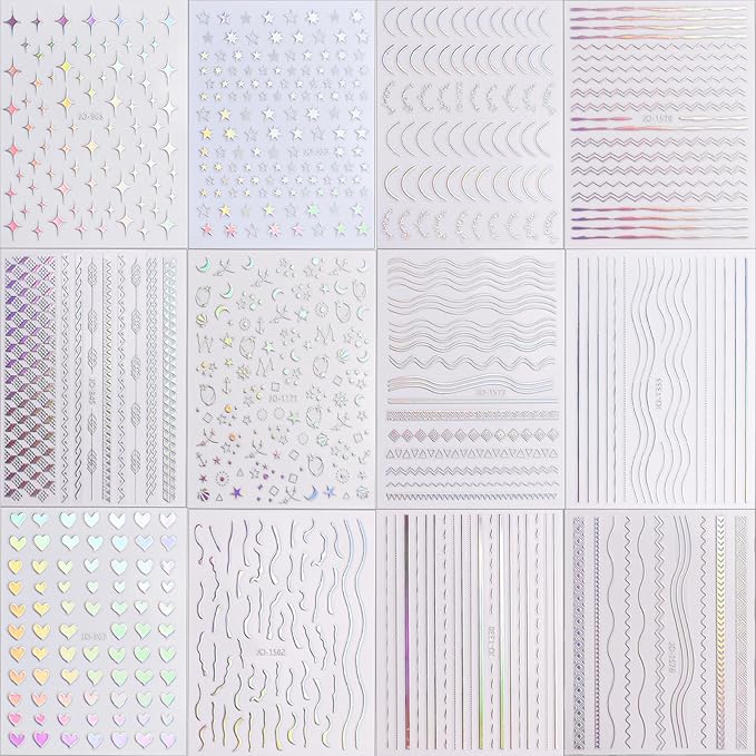 12 Sheets Star Nail Stickers Decals Silver Heart Nail Stickers Geometric Line Nail Decals for Nail Art 3D Self Adhesive Holographic Stripe Nail Designs for Women Nail Art Supplies Decorations
