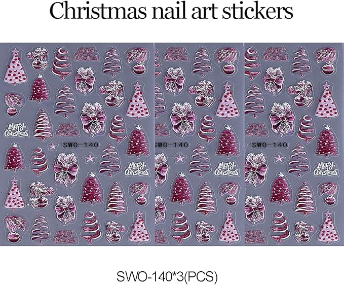5D Embossed Christmas Nail Stickers for Nail Art - Pink Purple Nail Art Stickers Christmas Tree Bow Light Ball Nail Decals Snowflake Nail Supplies for Women DIY Christmas Decorations 3 Sheets