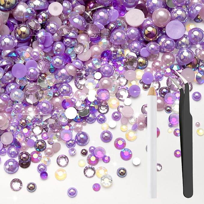 80g Mix Flatback Pearls and Rhinestones for Crafts Dark Purple Mixed Size 2mm-10mm Half Round Pearls Rhinestones for Nail Art Tumblers Shoes DIY Bedazzling with Tweezers Wax Pen