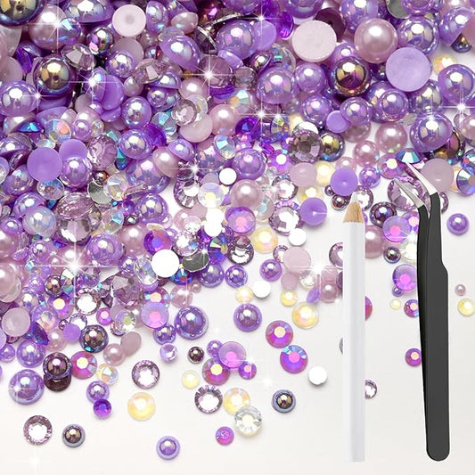 80g Mix Flatback Pearls and Rhinestones for Crafts Dark Purple Mixed Size 2mm-10mm Half Round Pearls Rhinestones for Nail Art Tumblers Shoes DIY Bedazzling with Tweezers Wax Pen