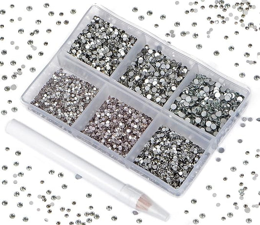 Bymitel 7200 Pieces 6 Mixed Sizes Glue Fix on Glass Rhinestones Round Crystal Gems Flatback for DIY Jewelry Making with one Picking Pen(6-Sizes 7200PCS, Black Diamond)
