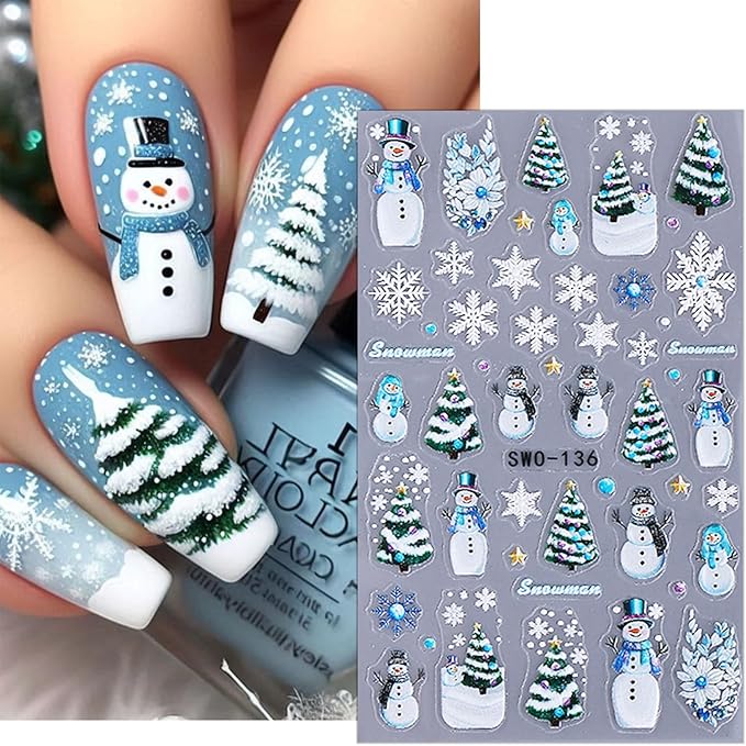 2 Sheets 5D Christmas Nail Stickers for Nail Art Self-Adhesive Embossed Winter Snowman Christmas Tree Snowflakes Xmas Gingerbread Man Nail Decals New Year Nail Design Sticker for Women DIY Manicure
