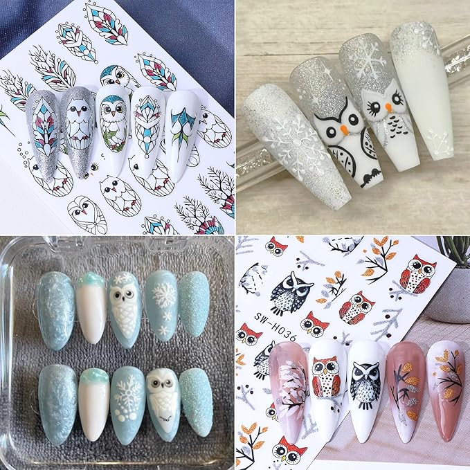2Sheets Cute Owl Nail Art Stickers 3D Christmas Nail Decals for Acrylic Nails Self-Adhesive Leaves Branches Nail Sticker with Gold Silver Glitter Designs Nail Decal for Women Manicure Decor Supplies