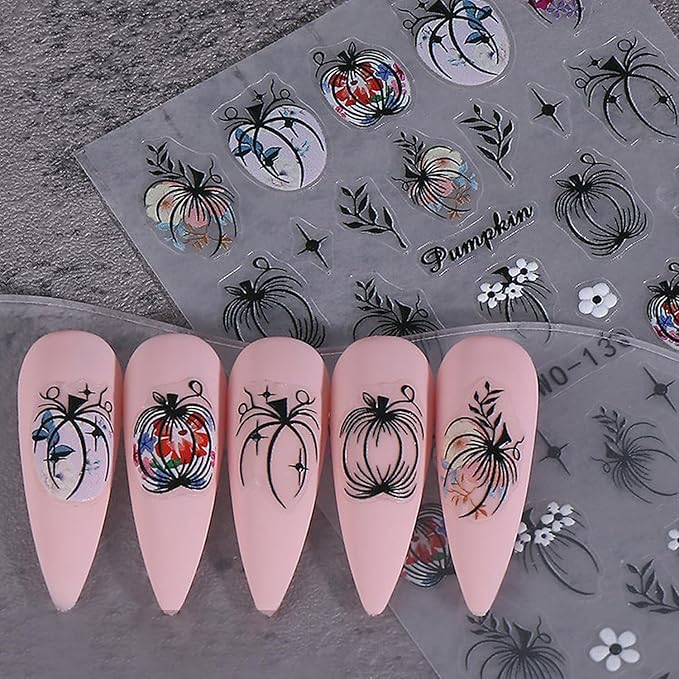 2Sheets Halloween Nail Art Stickers Decals 3D Black Pumpkin Leaf Designs Nail Stickers Self-Adhesive Colorful Flower Nail Decal Pumpkin Star Nail Sticker for Women DIY Manicure Decoration Supplies