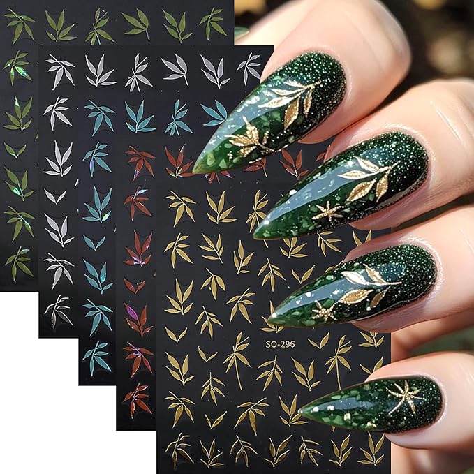 5Sheets 3D Self-Adhesive Gold Silver Bamboo Leaves Nail Art Stickers Chinese Style Designs Nail Decals Blue Green Bamboo Leaf Nail Stickers Orange Leaves Nail Decal for Women Nail Decoration Supplies