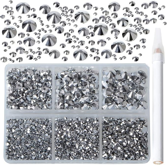 Bymitel 5000 Pieces 6 Mixed Sizes Glue Fix on Glass Rhinestones Round Crystal Gems Flatback for DIY Jewelry Making with one Picking Pen(6-Sizes 5000PCS, Labrdor)