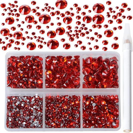 Bymitel 5000 Pieces 6 Mixed Sizes Glue Fix on Glass Rhinestones Round Crystal Gems Flatback for DIY Jewelry Making with one Picking Pen (6-Sizes 5000PCS, Siam)