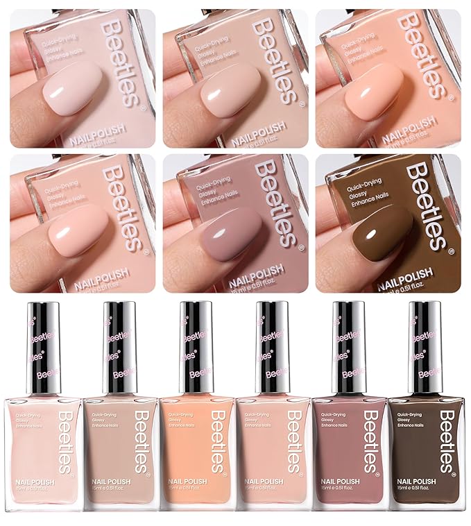 Beetles Nude Nail Polish Set Coconut Mousse 6Pcs, Pink Nail Fast Drying Long Lasting Neutral Brown Red Burgundy Dark Lacquer Glossy for Salon-Quality Results