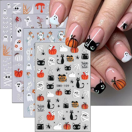 4Pcs Halloween Nail Stickers Cute Flower Ghost Nail Decals 3D Goth Spider Nail Art Stickers Mummy Bandage Pumpkin Skeleton Nail Design Sticker French Cat Halloween Nails Supplies Decoration for Women