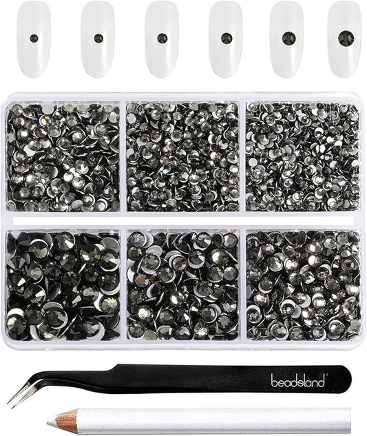 Beadsland 4300pcs Flatback Rhinestones,Gray Rhinestone Nail Gems Round Crystal Rhinestones for Crafts,Mixed 6 Sizes with Picking Tweezers and Wax Pencil Kit, SS6-SS20,Black Diamond