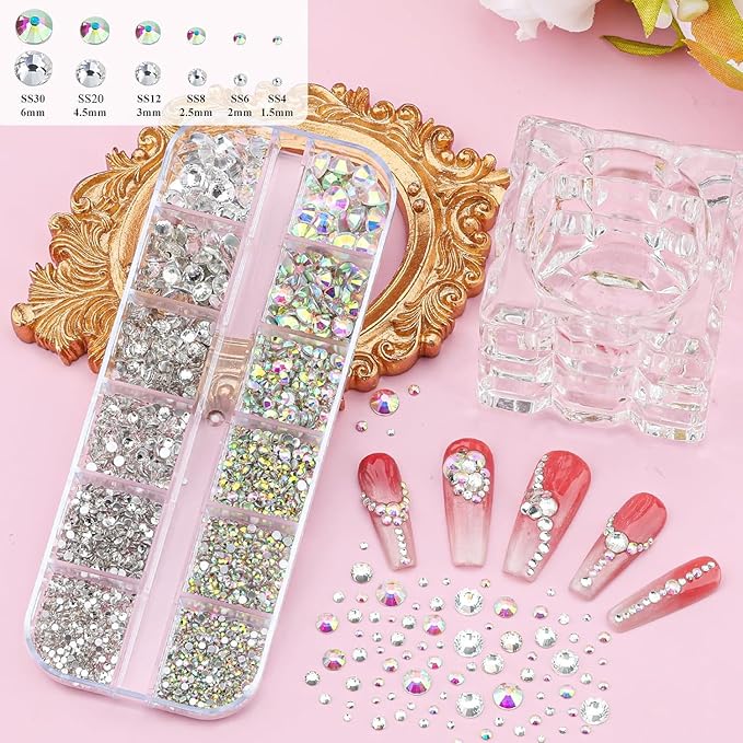 5 Boxes Nail Gems Kit - Flatback Rhinestones and Half Pearls & Nail Beads for Acrylic Nails, Colorful Rhinestones Crystal AB Clear Gemstones Silver/Gold Caviar Beads with Pickup Tools (23-S4-Beads)