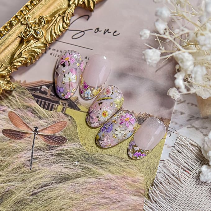 Flowers Nail Art Stickers Colorful Dried Flower Nail Decals 3D Self Adhesive Gold Foil Designs Spring Summer Nail Sticker Daisy Nail Stickers Cute Floral Nail Decal for DIY Nail Art Nails Decor Women