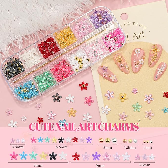 2 Boxes Colorful Flower Nail Charms & Nail Beads, Iridescent Nail Flower Charms Silver/Gold Caviar Beads with Nail Chain for Women DIY Manicure Crafts (6-S2-Mixed3)