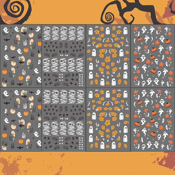 8 Sheets Halloween Nail Art Stickers Cute Ghost & Mummy Designs 3D Self-Adhesive Flower Nail Stickers Halloween Spider Pumpkin Spider Web Acrylic Nails Art Decoration for Women Nails Art Supplies