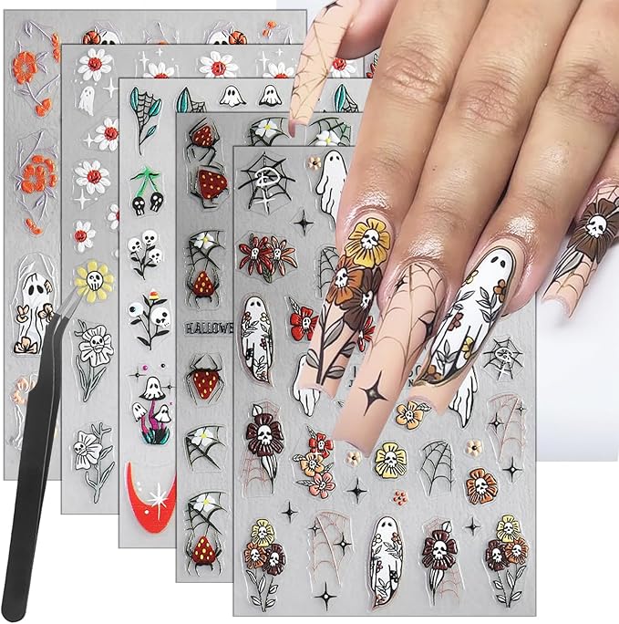 5 Sheets Halloween Nail Art Stickers Horror Skull Flower Nail Stickers Scary Embossed Ghost Spider Web Nail Decals 5D Self-Adhesive Strawberry Spider Nail Decoration for Women Girls Nail Designs