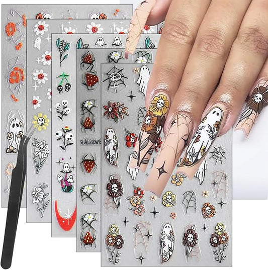 5 Sheets Halloween Nail Art Stickers Horror Skull Flower Nail Stickers Scary Embossed Ghost Spider Web Nail Decals 5D Self-Adhesive Strawberry Spider Nail Decoration for Women Girls Nail Designs