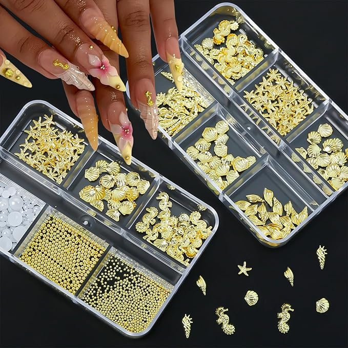 2 Boxes Summer Shell Nail Art Charms 3D Metal Mixed Shapes Gold Shell Seahorse Starfish Conch Alloy Nail Rivets with Flatback Pearls Nail Charms Summer Ocean Theme DIY Crafts Manicure Decoration
