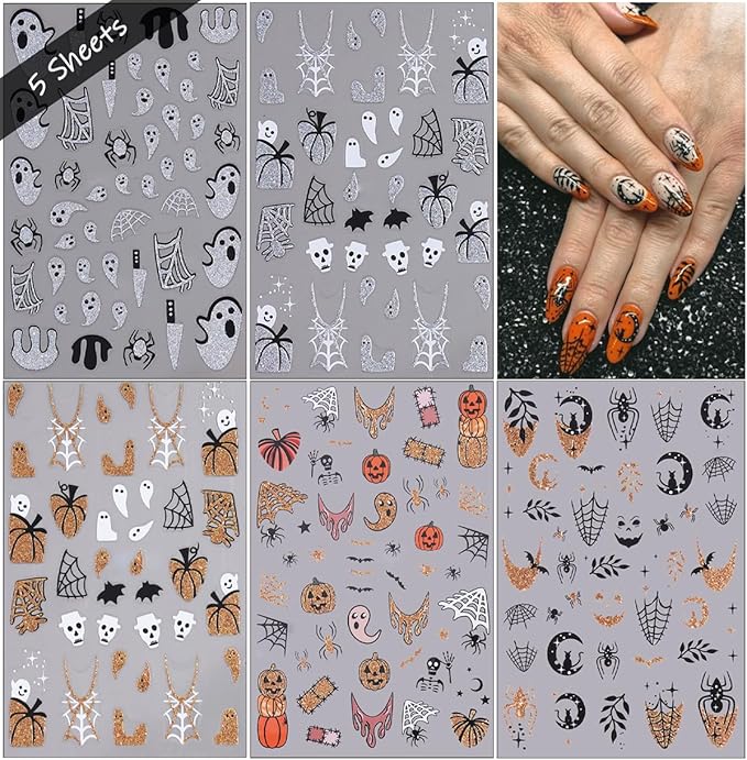 5 Sheets Halloween Nail Art Stickers 3D Self-Adhesive Gold Silver Halloween Nail Decals Glitter Pumpkin Spider Web Bat Ghost Nails Stickers Holiday Nails Art Supplies for Women DIY Manicure Art Kit