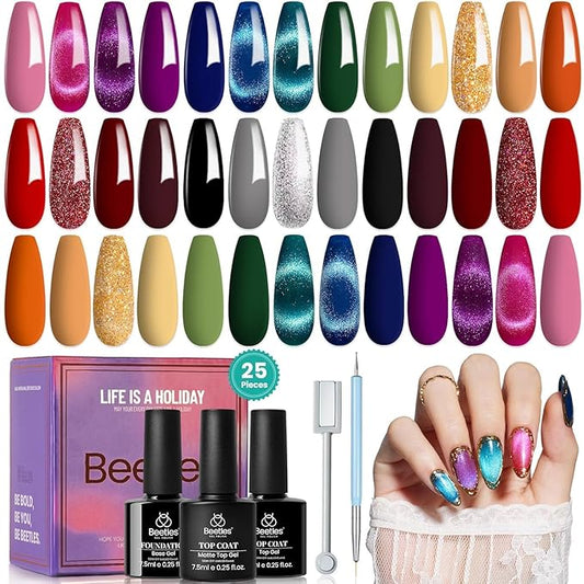 Beetles Winter Gel Nail Polish 20 Winter Colors Cat Eye Gel Polish Set Burgundy Red Purple Black with Magnet Pen Base Top Coat DIY Salon Manicured Soak Off UV LED Lamp Gifts for Women Gemstone Party