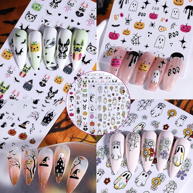 5 Pcs Halloween Nail Art Stickers,Pumpkin Spider Webs and Cute Ghost Designs 3D Self-Adhesive Nail Decals Skull Bat Halloween Nail Decorations DIY Manicure Supplies for Women Girls