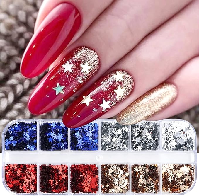 Independence Day Glitter Flakes 12 Grids Sequins Star Supplies Mixed Blue Red Crafts Charms Designs DIY USA Nail Art Decorations Accessories for Women Girl