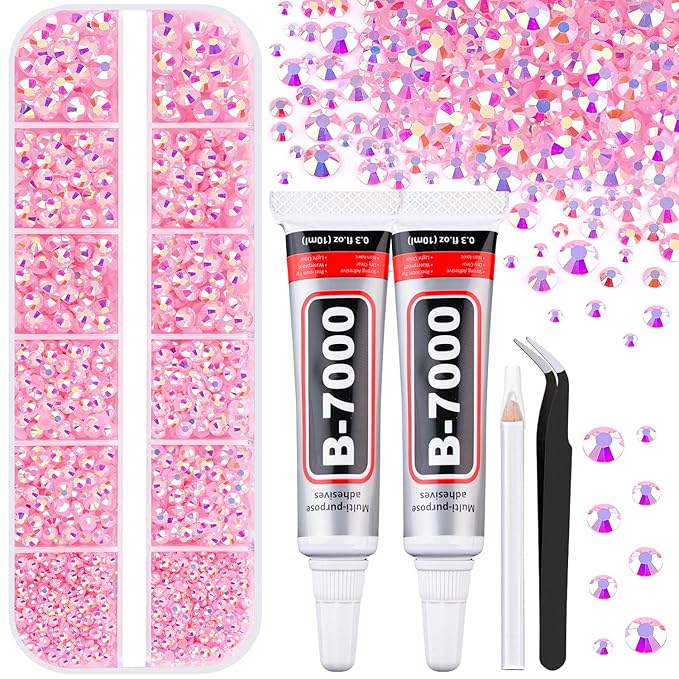 6100Pcs Jelly Resin Rhinestones for Crafting with 2Pcs 10ml B7000 Jewelry Glue, 1 Box Flatback Crystals Diamond (Light Pink AB) for Bedazzling Crafts DIY Nail Art Non Hotfix Gems for Clothing Shoes