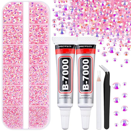 6100Pcs Jelly Resin Rhinestones for Crafting with 2Pcs 10ml B7000 Jewelry Glue, 1 Box Flatback Crystals Diamond (Light Pink AB) for Bedazzling Crafts DIY Nail Art Non Hotfix Gems for Clothing Shoes