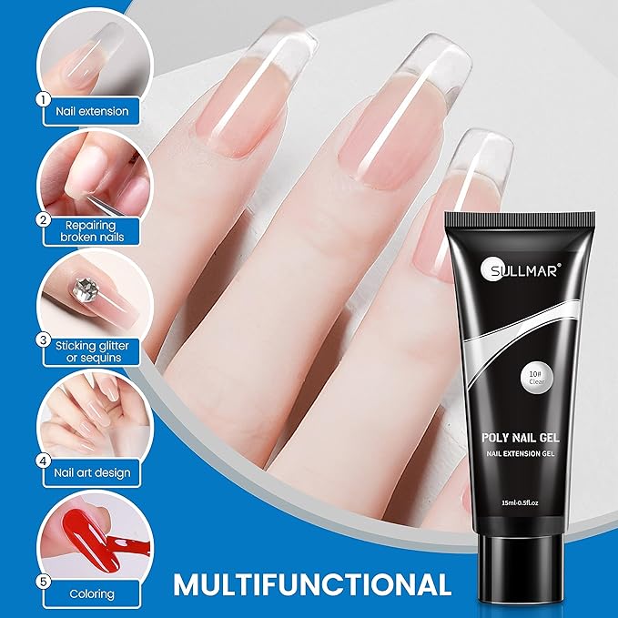 Clear Poly Nail Gel Kit-60ml/2fl.oz,All-in-one Set Nail Extension Gel Kit with Slip Solution Dual Form Brush and Glass Cup,Nail Art Design for Beginners